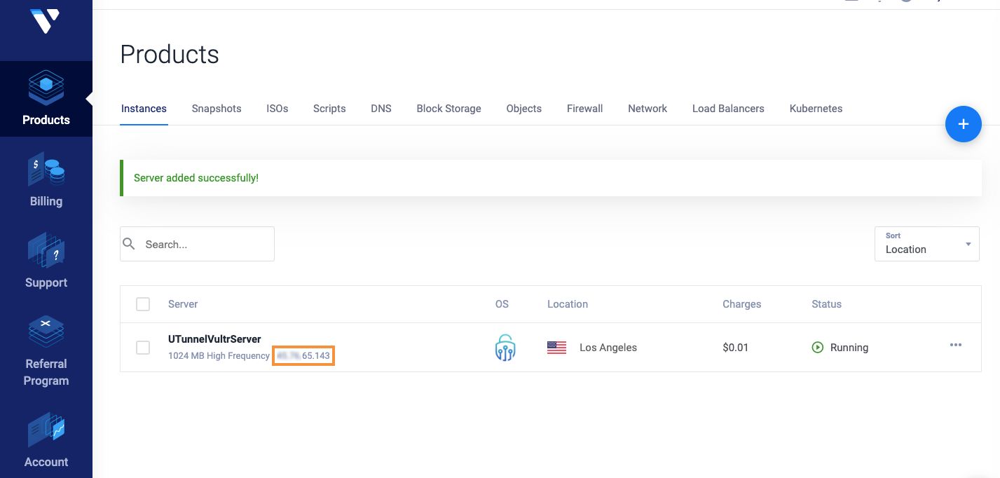 Vultr dashboard: instance details