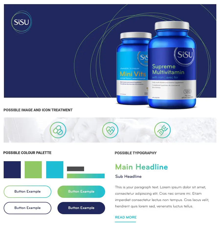 Screenshot showing the dark blue homepage banner of SiSU, including two of their bright blue product bottles 