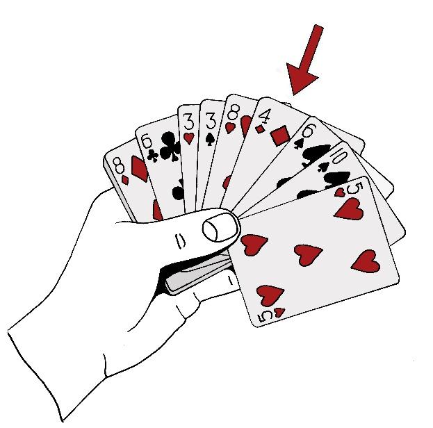 kädessä kortteja ja merkitty neljäs alhaalta