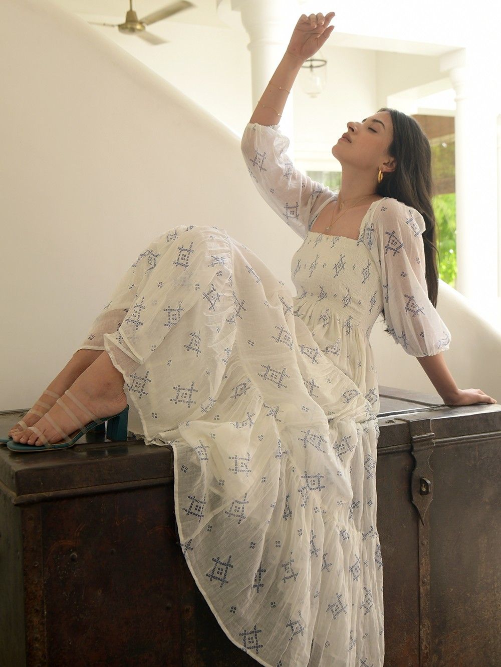the loom - White Blue Printed Chiffon Dress