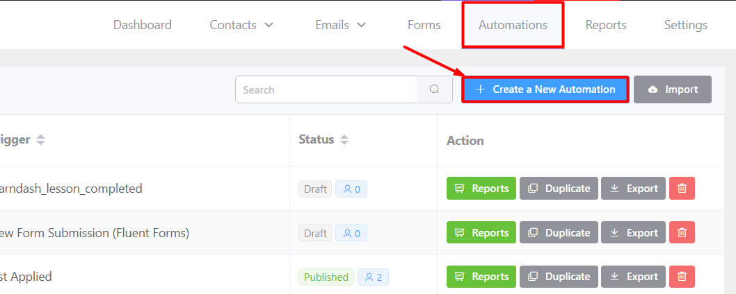 Creating a New automation in FluentCRM 