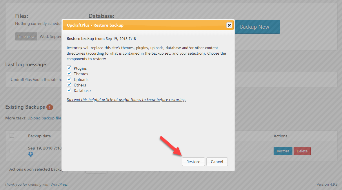 UpdraftPlus Demo 7 - 1 Restaurando o Backup do Site