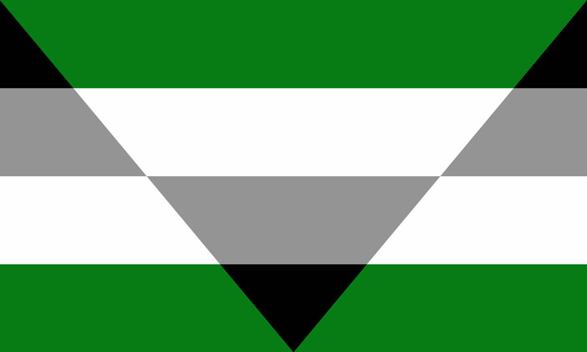 4 horizontal stripes in the background going black, gray, white, green from top to bottom. In the foreground is an upside down triangle with the same stripe colors but reversed (green, white, gray, black).