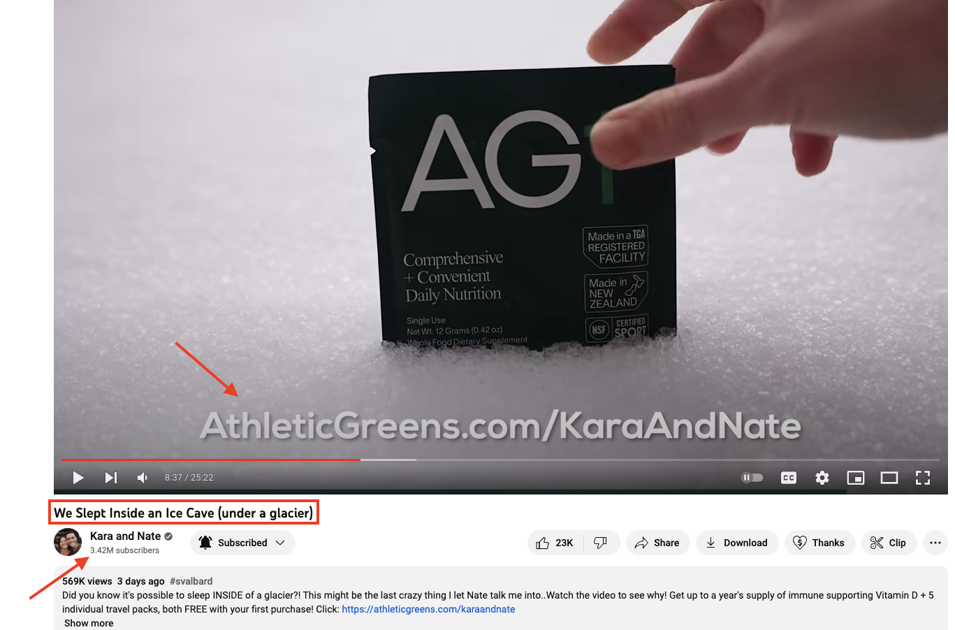An example of Athletic greens YouTube sponsorships with travel influencers. 