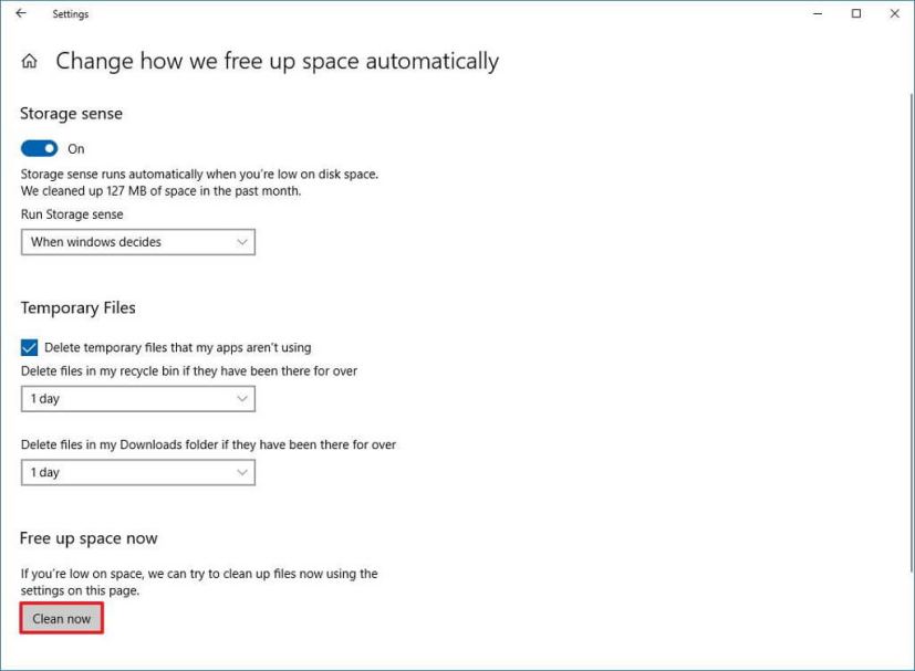 Storage sense settings on Windows 10