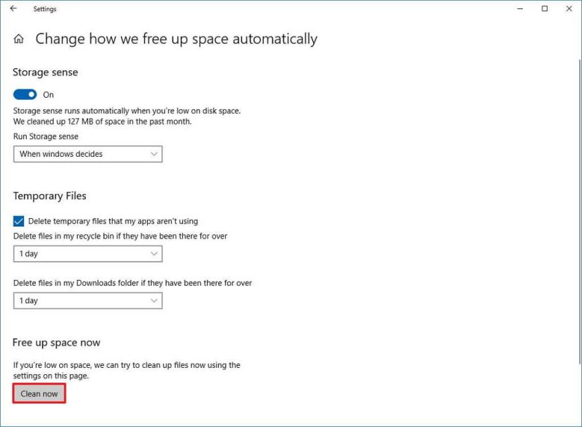 Storage sense settings on Windows 10