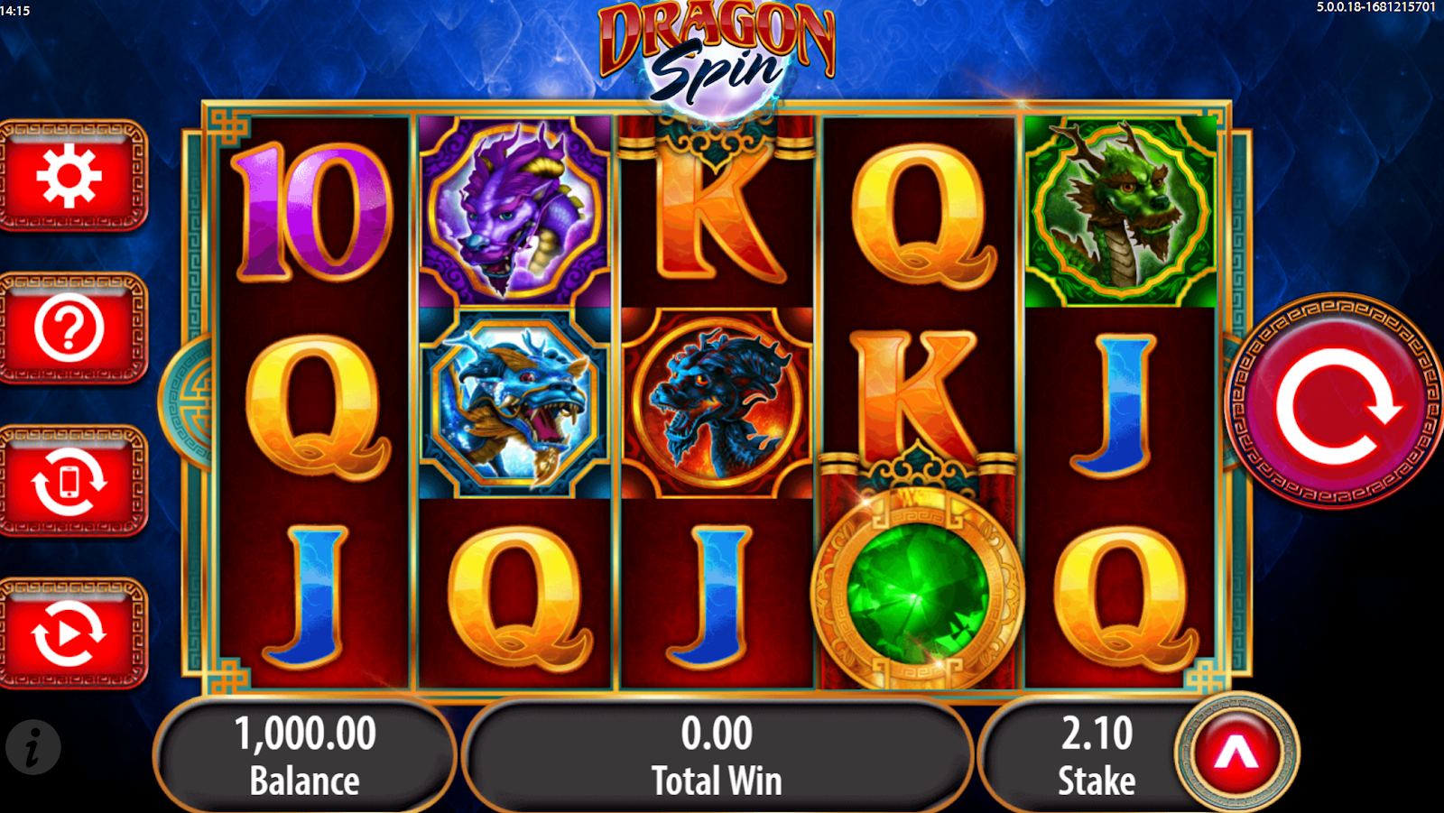 A screenshot of a dragon slots game at resorts casino with symbols of different coloured dragons and letters. 