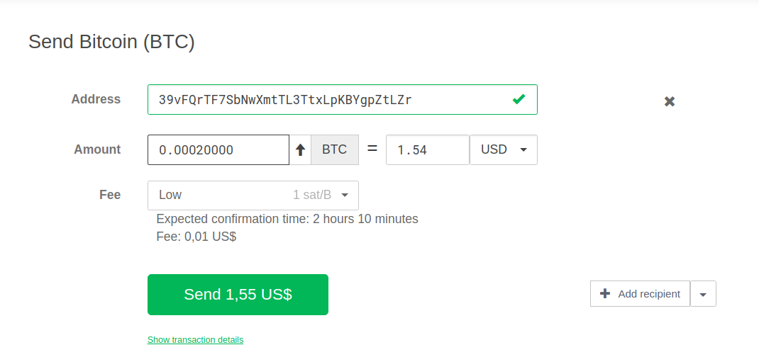 Screenshot of how to sent Bitcoin (BTC) using Trezor.
