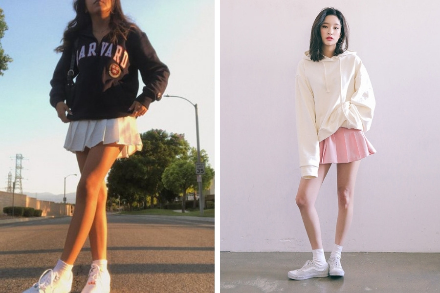 Áo hoodie form rộng phối cùng chân váy tennis và giày thể thao