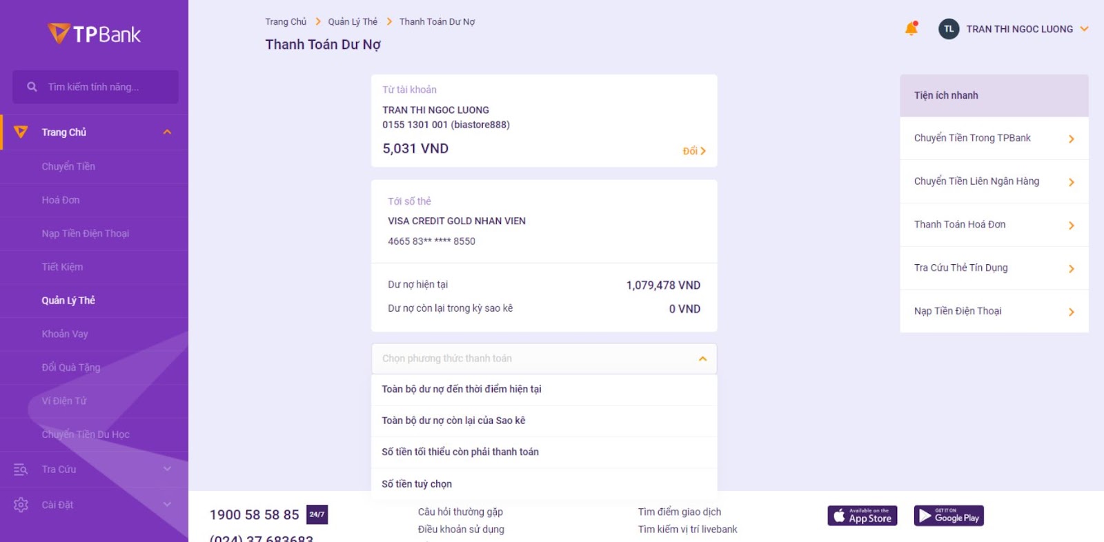 Thanh toán dư nợ thẻ tín dụng TPBank