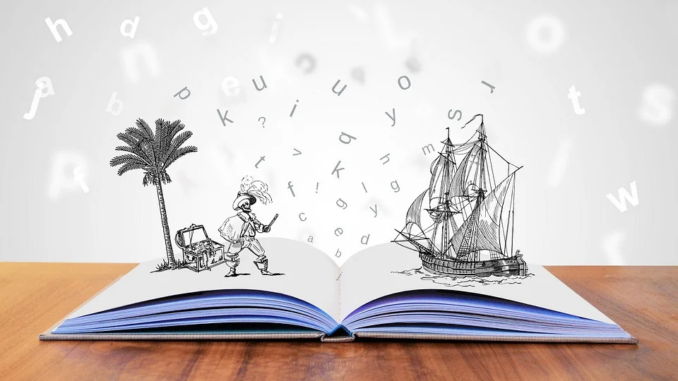 Ilustração de um livro com um coqueiro, um pirata, um baú e um navio sobre as páginas - apresentações acadêmicas