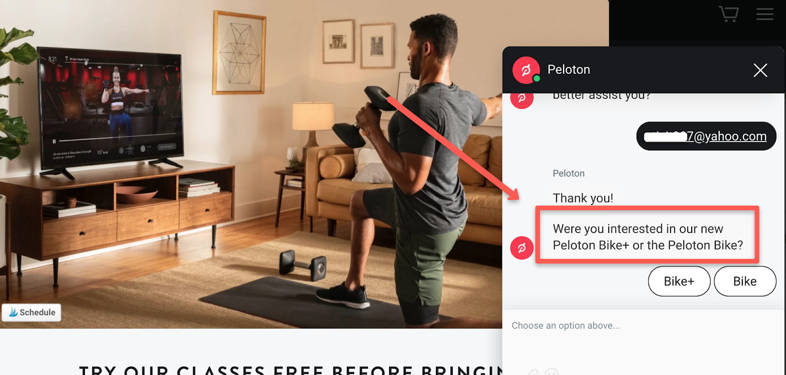 Peloton live chat conversation