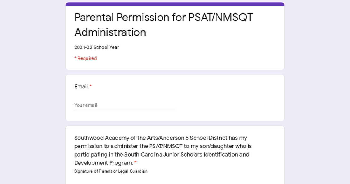 Parental Permission for PSAT/NMSQT Administration