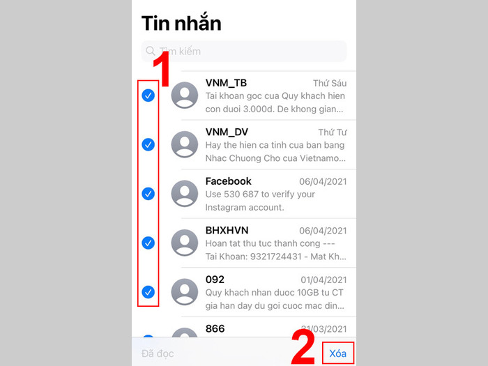 Sau khi chọn các tin nhắn muốn xóa thì nhấn chọn Xóa ở góc phải dưới
