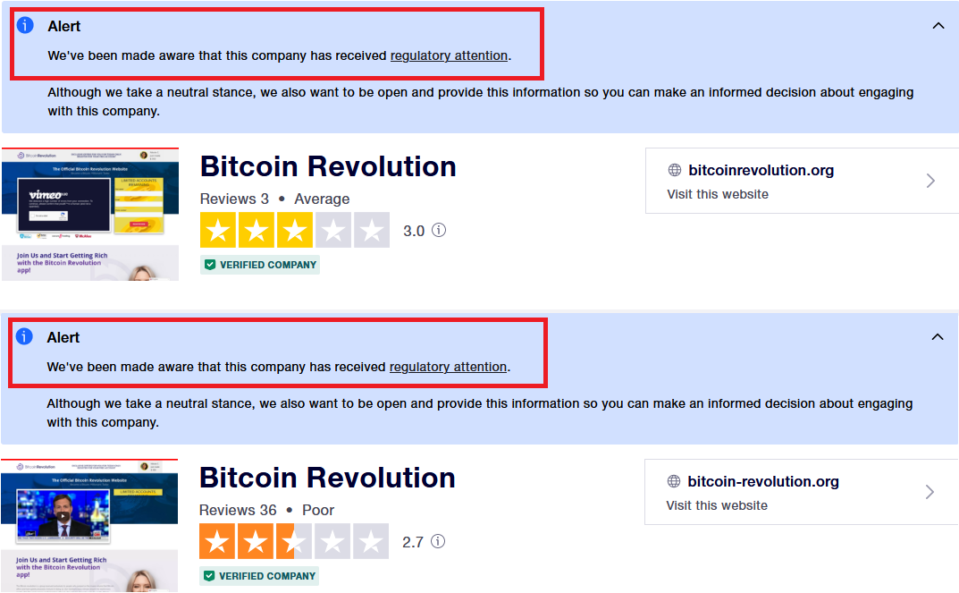 advarsel om reguleringsmæssig opmærksomhed på Bitcoin Revolution