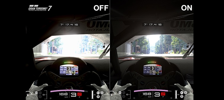 Split screen of a driving game showing the difference with Auto HDR Tone Mapping on and off
