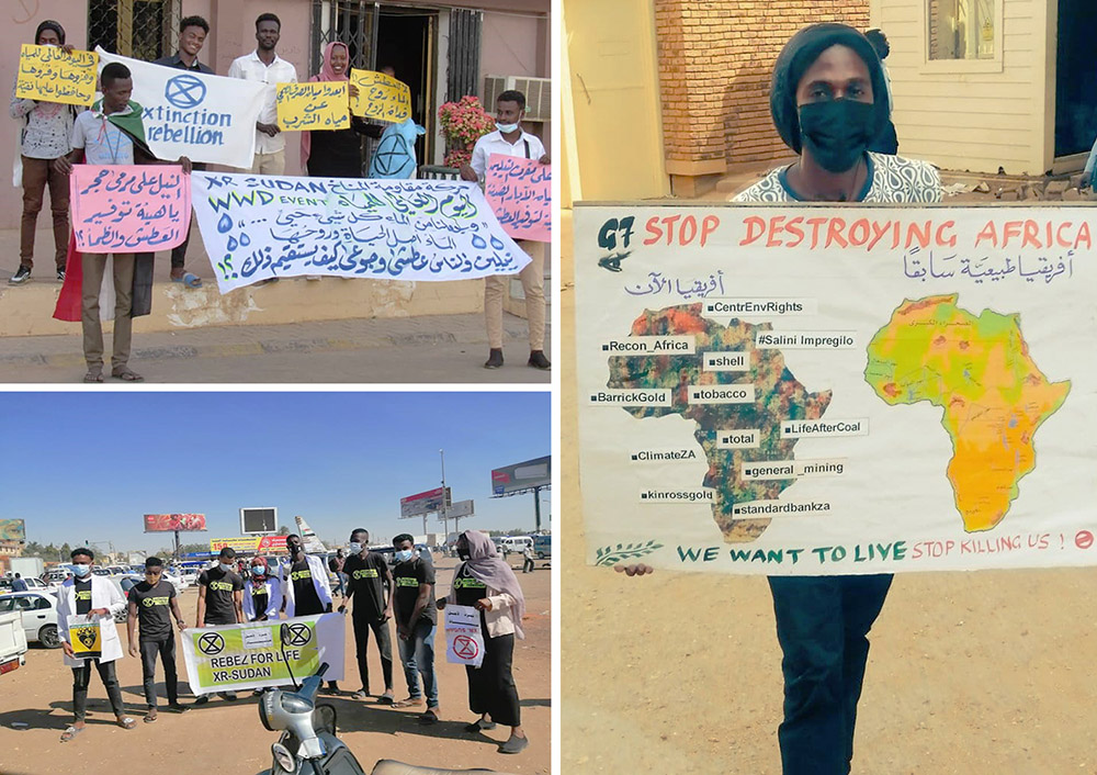 XR Sudan rally with banners in Khartoum, including one detailing the all the global companies exploiting Africa