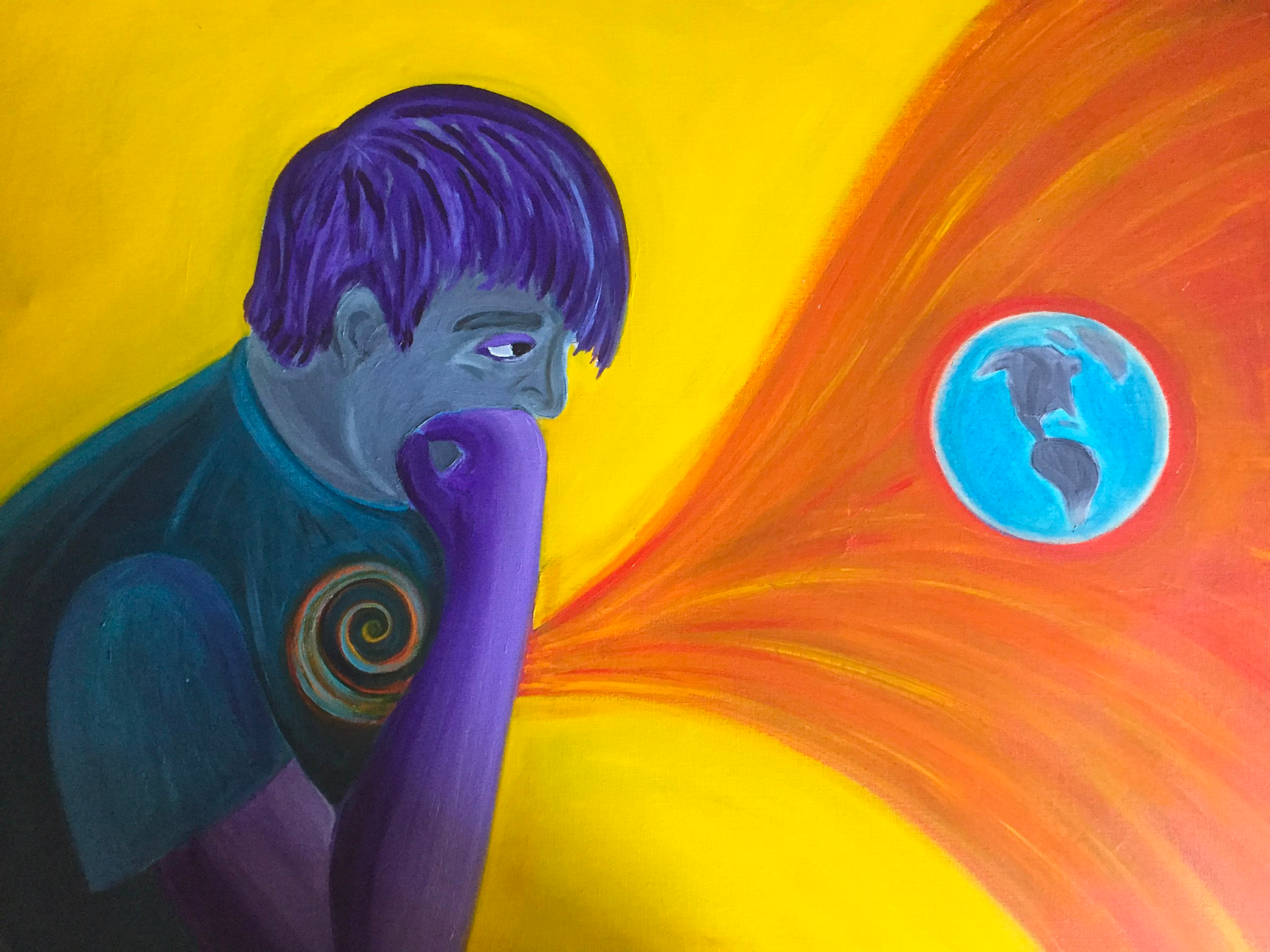 A self-portrait Michael created for their high school senior project depicting a “hunched over” figure with purple hair, a dark teal shirt, and gray/purple skin looking forward at an image of the Earth. The Earth is surrounded in a fiery expanse that whirpools into the internal space of the figure.