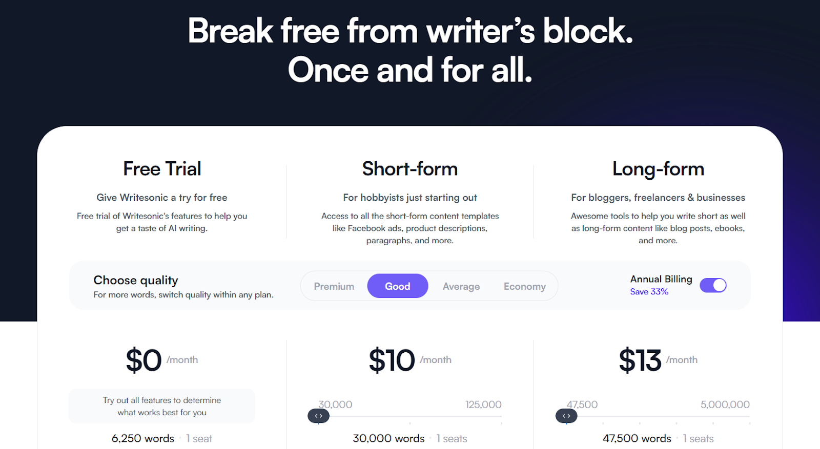 Writesonic Ai writing software pricing plans.