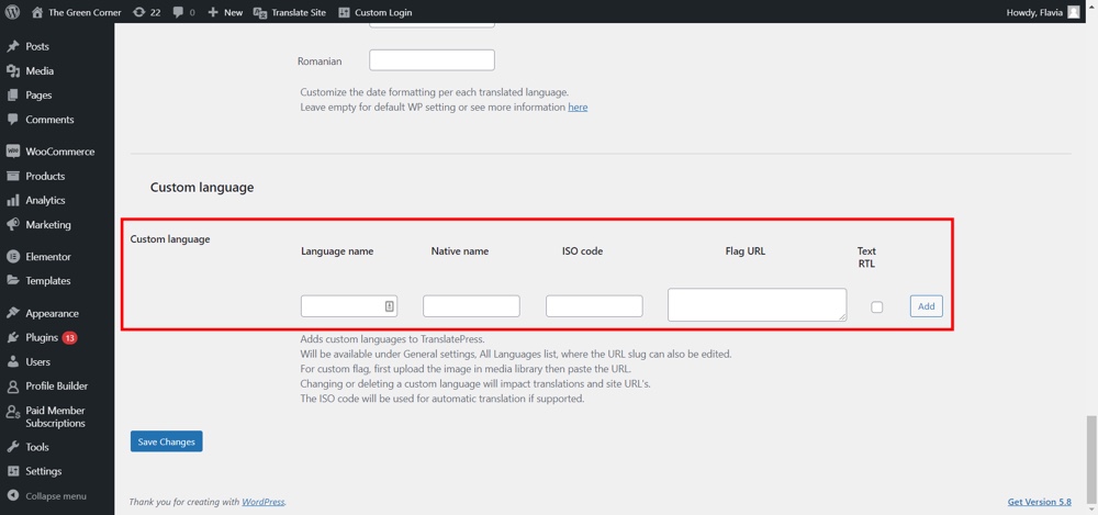 Adicionar um idioma personalizado
