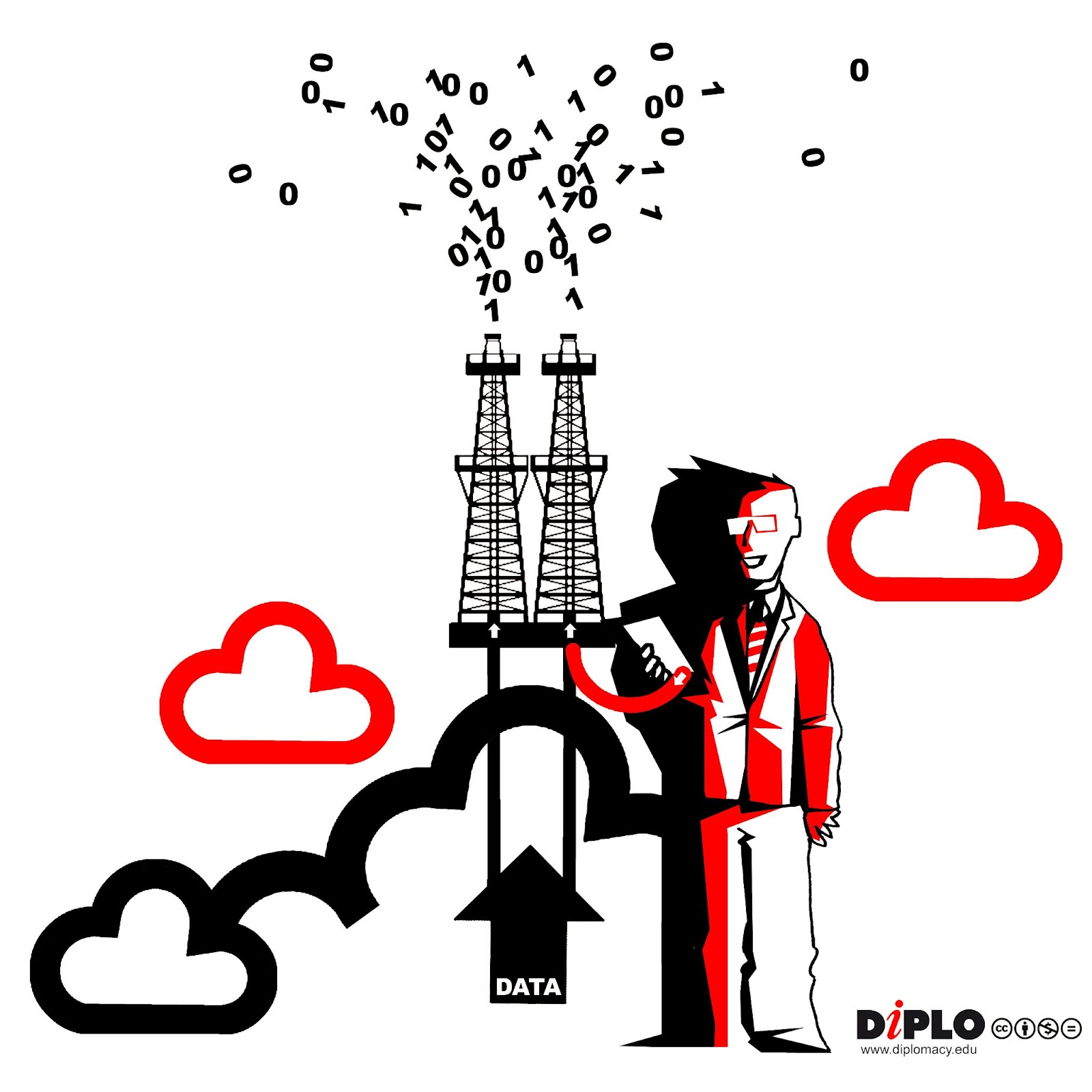 A supervisor checks a paper while surveying data entering clouds and being spewed out of electrical towers as a cloud of 0s and 1s.