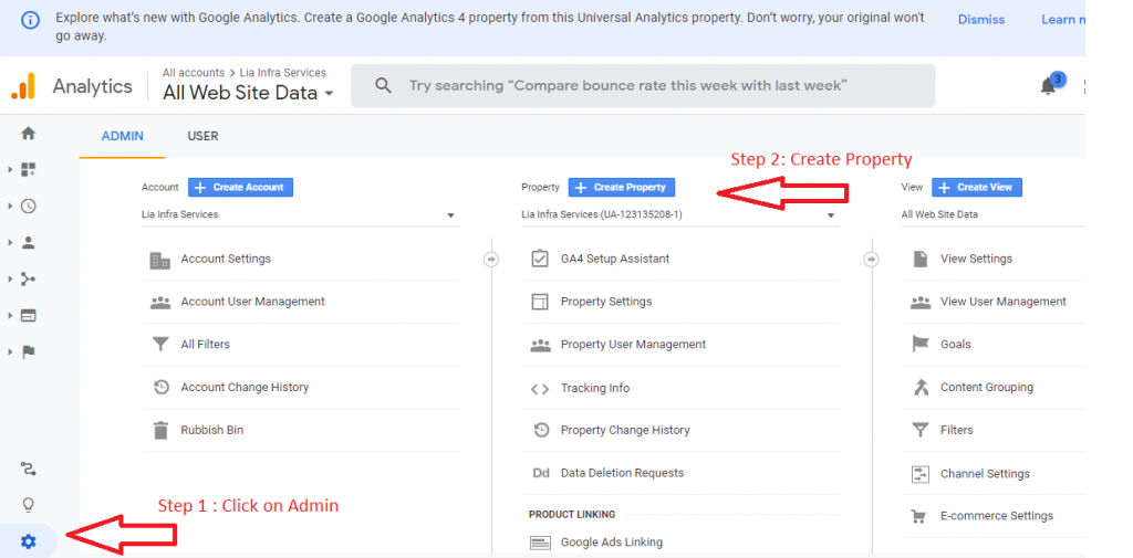 Steps to downgrade Google Analytics 4 to Universal Analytics - Step 1 - Lia infraservices