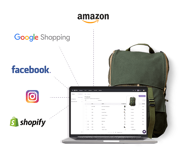 A laptop with an exommerce website on it, with a rucksack behind it and lines linking it to logos for Amazon, Google Shopping, Facebook, Instagram, and Shopify