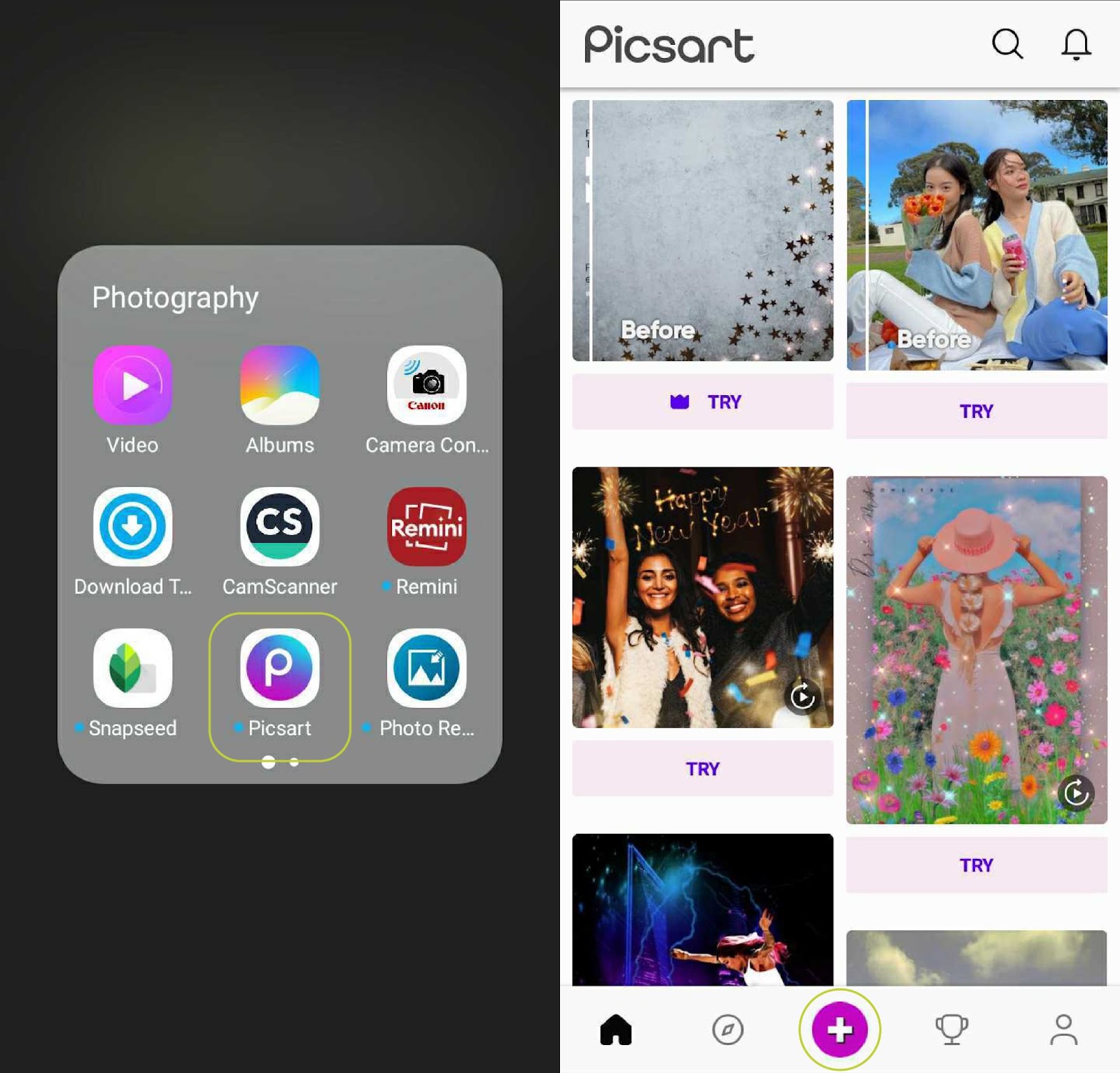 Tap on PicsArt to launch the app then tap on the + sign on the bottom of the screen.