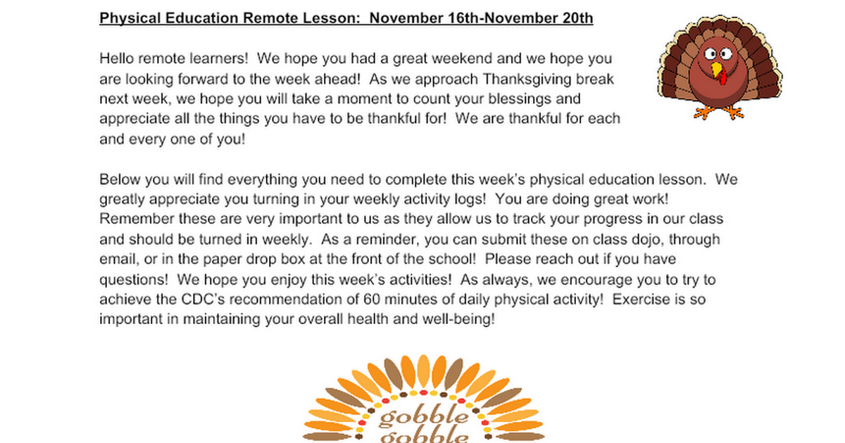 Remote Lesson:  November 16th-November 20th
