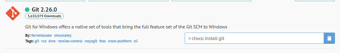 Pacote do Git sendo exibido no site do Chocolatey