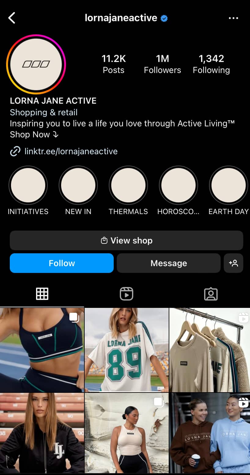 Screenshot of Lorna Jane Active Instagram page; How to Get More Instagram Followers
