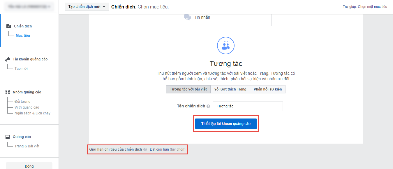 Thiết lập tài khoản quảng cáo để tạo tài khoản quảng cáo facebook cho mình