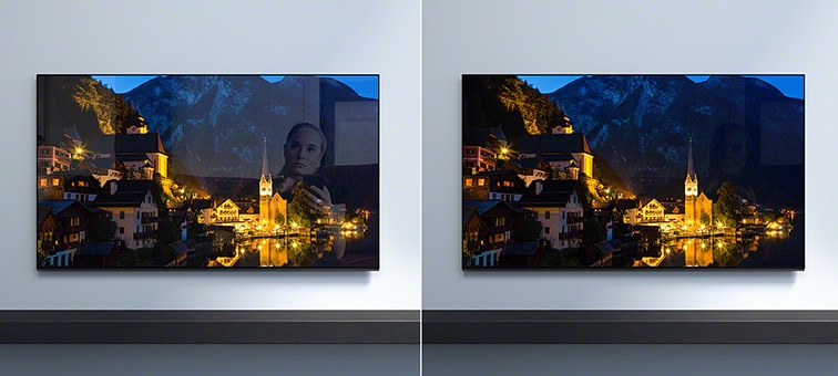 Comparison of screens showing hilltop town at night with and without low reflectivity