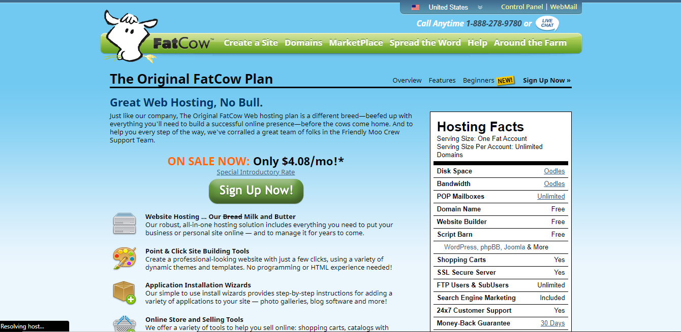 Screenshot of the FatCow Original Plan and info