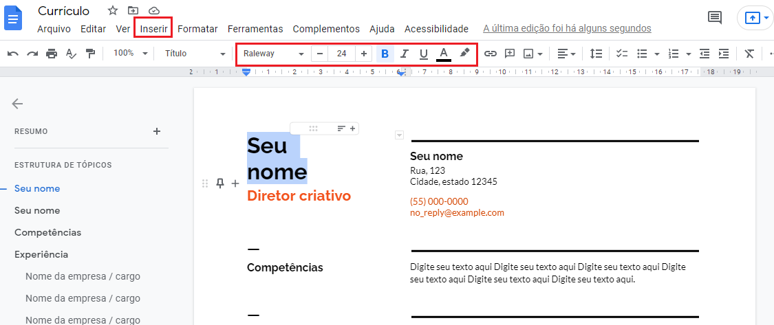 Editando um currículo no google Docs