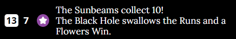 The Sunbeams collecting a Flowers Win.
An image showing the Sunbeams activating a Black Hole and swallowing a Flowers Win. It reads "The Sunbeams collect 10! The Black Hole swallows the Runs and a Flowers Win."