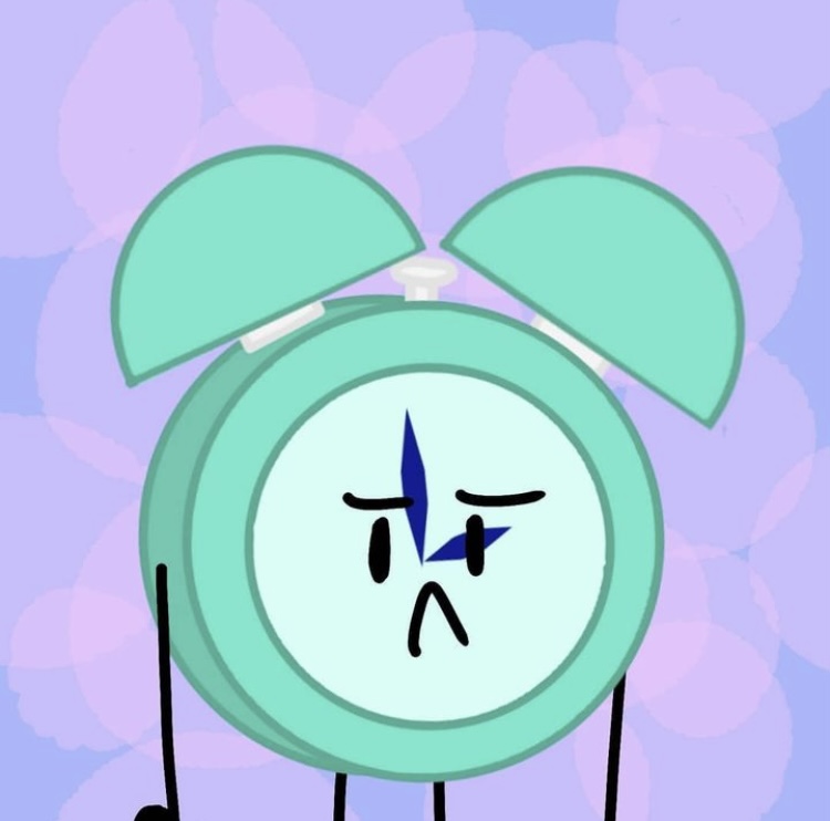 Piece of art which Timey stands with a frown, their arms hanging down.