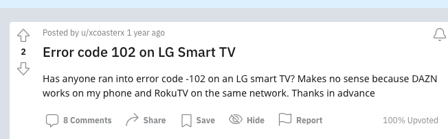 DAZN Error Code 102 On LG Smart TV