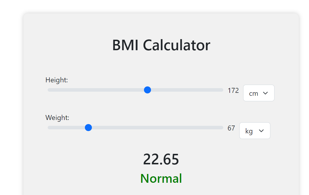 output for BMI Calculator in HTML CSS JavaScript