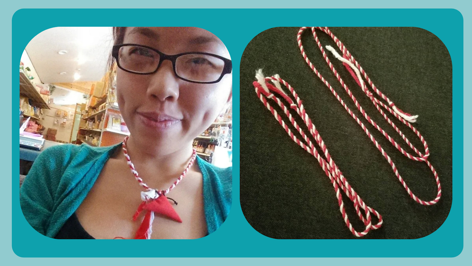 Photo on the right is of two red and white strings that Nancy made to tie on people for protection. Photo on the left is of Nancy wearing a red and white string around their neck that someone tied onto them for protection.