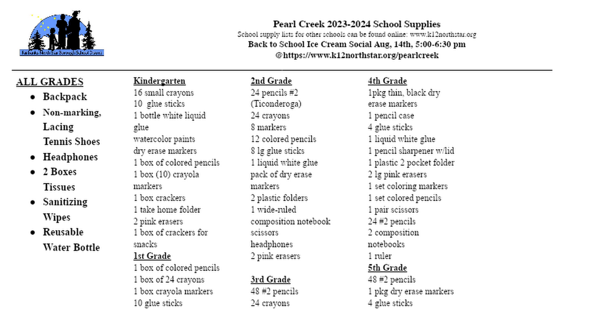 Pearl Creek school supply 22-23