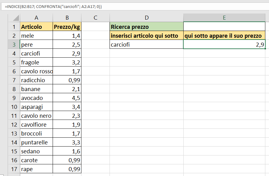 funzione indice/confronta - esempio 2