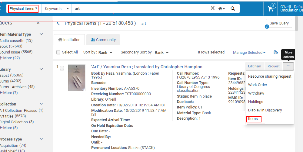 Screenshot of the Physical Items list with Items selected for an item