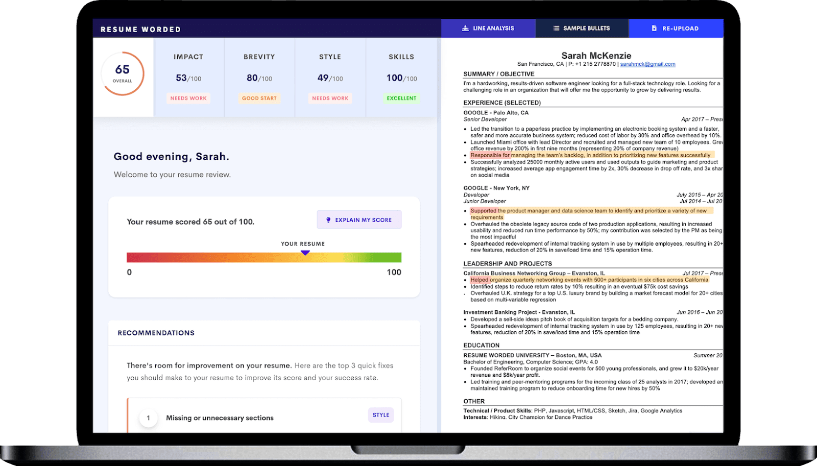 Score My Resume analyzes your resume, looking for ways to optimize it even further