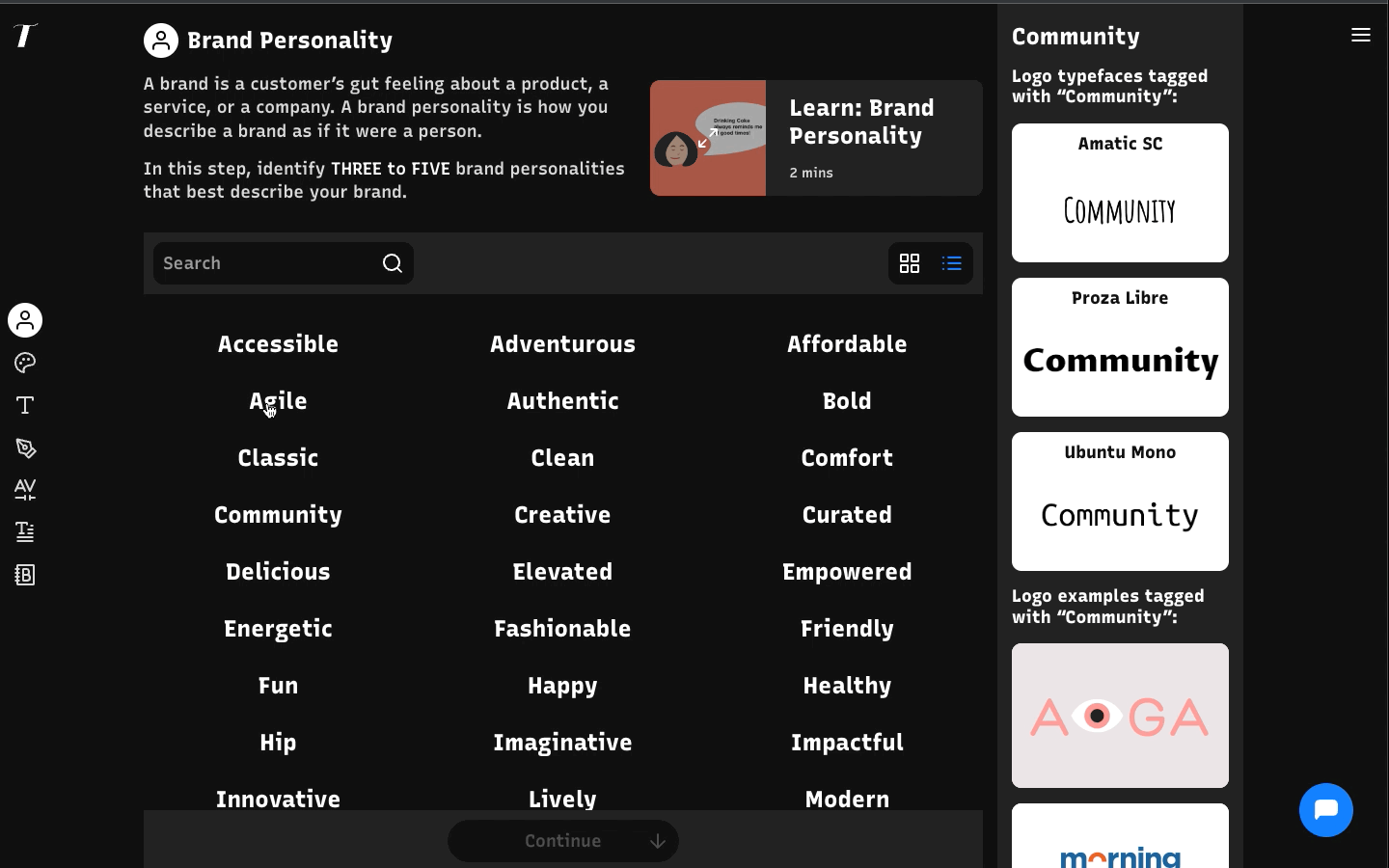 To progress, select three to five brand personalities