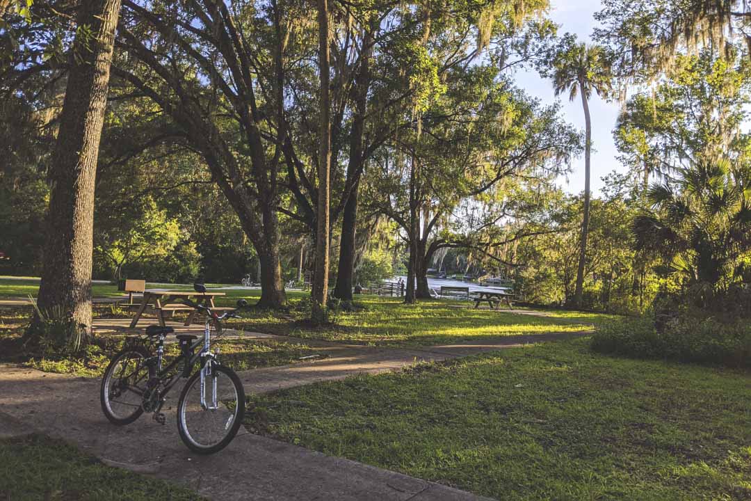 Bike next to trees and river at Rainbow Springs State Park