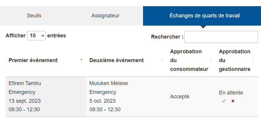 Section Échanges de quarts de travail du tableau de bord du client