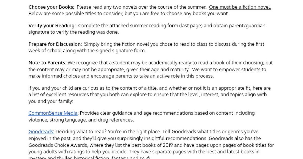HMS Summer Reading Assignment and Signature Form (2022)