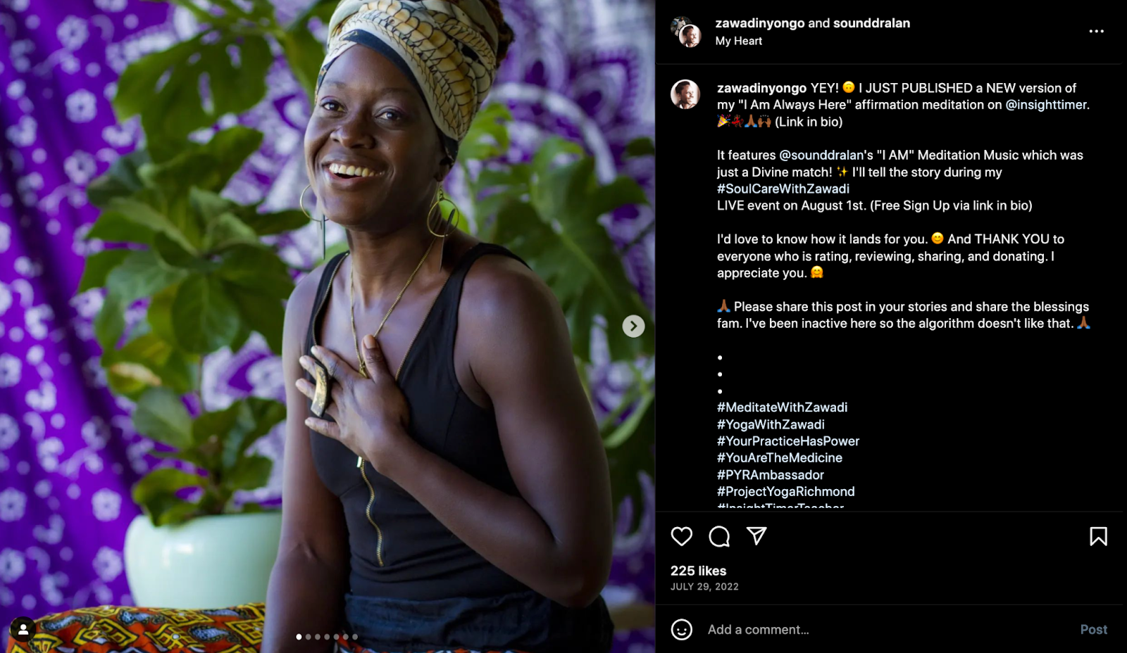 Screenshot of influencer Zawadi Nyong'o thanking followers for contributing to her crowd fund. She smiles with her hand over her heart.