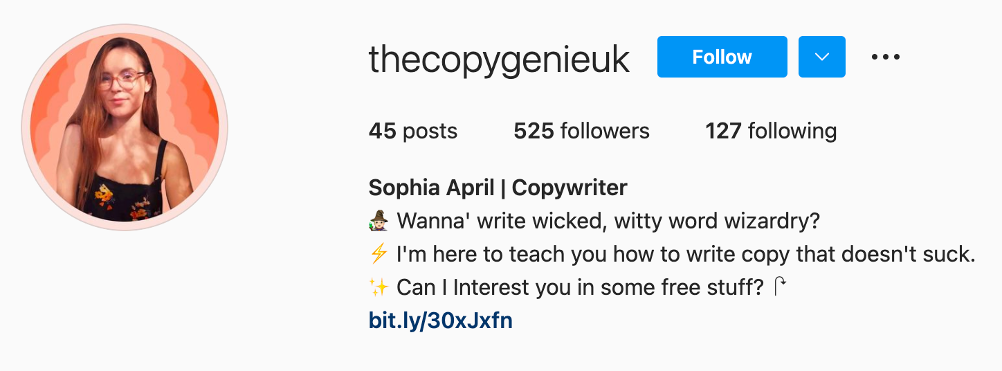 example of an Instagram bio with a clickable link